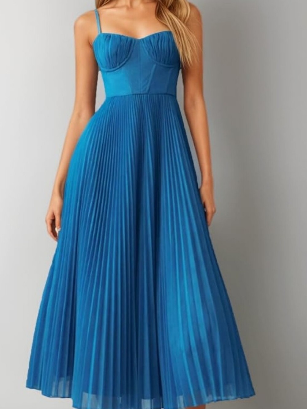 Zeflows Azure Blue Womens Pleated A-Line Ruched Sleeveless  Dress NWT Size S